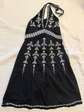 Embroidered Black Halter Summer Dress
